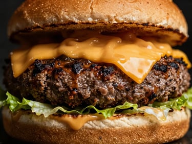 Extreme close-up of a perfectly grilled smash burger, melting American cheese, crisp lettuce, and signature sauce, on a dark moody background with dramatic lighting.