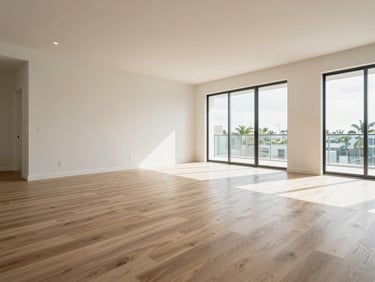 Wide angle shot of a modern, clean South Florida residential interior under bright daylight, showing crisp drywall joints and flawless flooring installation.