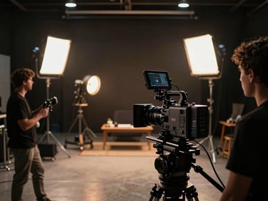 Wide environmental shot of a professional cinematic film set, dramatic high-contrast studio lighting, deep rich tones, shallow depth of field, 35mm anamorphic lens, camera crew positioning a high-end cinema camera in the foreground, soft golden key light illuminating the background set.