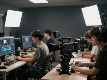 A modern film production classroom with students operating high-end cinema cameras and editing suites, cinematic lighting, shallow depth of field.