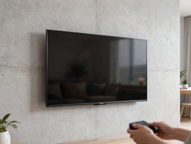 A perfectly leveled flat-screen TV mounted on a minimalist concrete wall, clean cable management, modern apartment interior