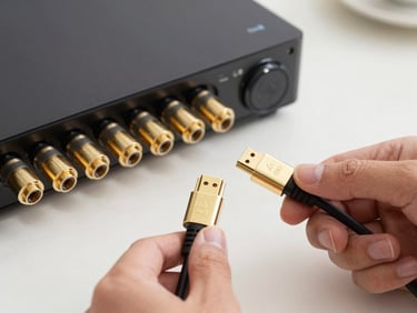 High-quality gold-plated HDMI cables and coaxial connectors being neatly organized behind a media center, sharp focus