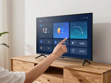 A modern smart TV being configured on a clean wooden console, bright living room, hands adjusting settings on screen, daylight