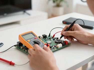Close-up of a technician testing a TV motherboard with a digital multimeter, precise tools, bright workbench lighting