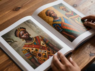 Overhead close-up of an open art publication on a wooden table — printed plates showing African paintings, hands turning a page, warm directional light from the left casting soft shadows across the spread