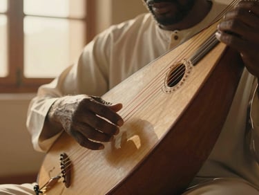 Intimate close-up of a griot musician's hands on a kora, golden hour light streaming through a window behind him, strings catching the light, warm earth tones throughout