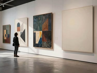 Wide environmental shot of a contemporary African art exhibition space — large-format canvases hung on white walls bathed in natural north-facing daylight, a solitary figure in the left foreground studying a geometric abstraction, generous negative space on the right side of the frame