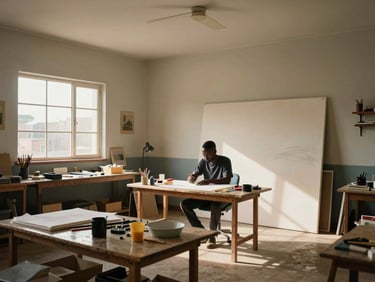 Wide shot of an artist residency workspace in an African city at midday — natural north-facing light flooding a high-ceilinged room, artist seated before a large work-in-progress, materials arranged on a low table in the foreground