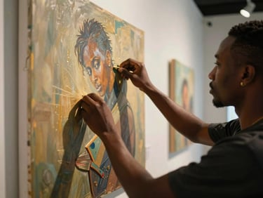 Intimate close-up of two African artists installing a large painting on an exhibition wall in golden-hour light, hands and forearms visible, artwork partially visible at frame edge