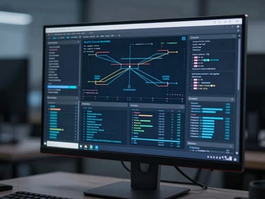 Sleek corporate technology photography, cool blue and slate tones, close-up of a developer analyzing complex data flows on a high-end monitor, shallow depth of field