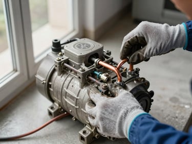 Extreme close-up of a technician's gloved hands removing a refrigerator compressor unit, natural daylight from a sliding door to the left, copper refrigerant lines visible, concrete apartment floor in background