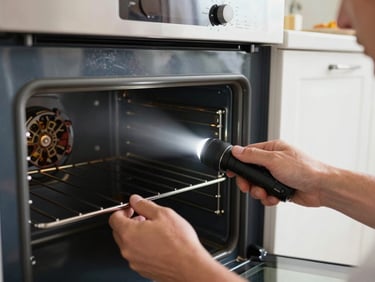 Close-up of a technician's hands using a flashlight to inspect the interior heating element of a built-in oven, natural daylight from a kitchen window behind, oven rack and cavity walls in focus