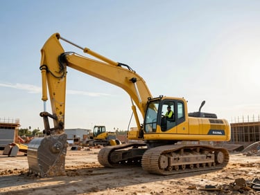 Wide shot of a modern yellow excavator on a dusty construction site at golden hour, low sun, with a skilled operator in high-visibility gear in the foreground, industrial engineering photography, bright natural daylight, high-contrast steel and concrete, deep blue and orange accents.