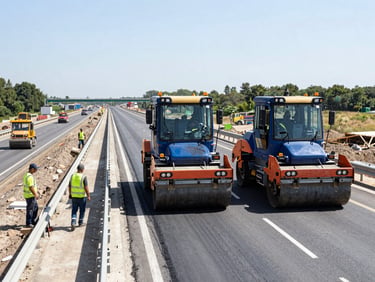 Panoramic view of a new highway section under construction, asphalt pavers, rollers, and workers in high-vis gear, midday sun.