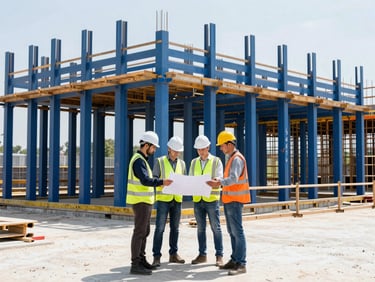 Group of skilled construction workers in hardhats and high-vis vests, reviewing blueprints on a construction site, bright daylight.