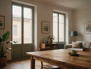 Bright, accessible apartment interior in Bologna, large windows with soft daylight, comfortable wooden table, warm domestic atmosphere.