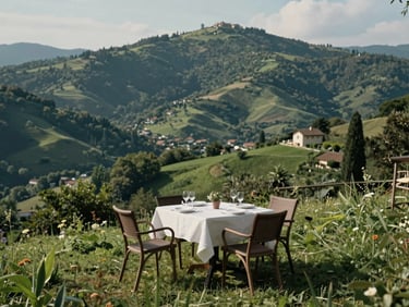 La veranda soleggiata di una casa immersa nel verde a Loiano, località La Guarda, con colline bolognesi sullo sfondo e un tavolo apparecchiato all'aperto.
