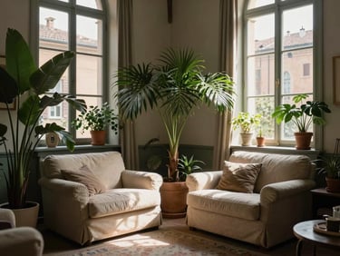 Un luminoso soggiorno domestico nel quartiere Savena a Bologna, con poltrone confortevoli, piante verdi rigogliose e ampie finestre che lasciano entrare luce naturale.