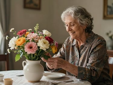 Un operatore e un'anziana signora sorridono mentre sistemano insieme dei fiori freschi in un vaso di ceramica su una tavola apparecchiata inondata di luce naturale.