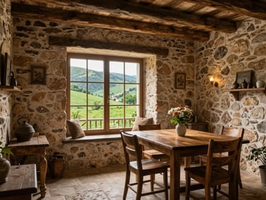 Cozy countryside stone house interior in Loiano, views of green hills through a wide window, peaceful and warm rustic dining area.
