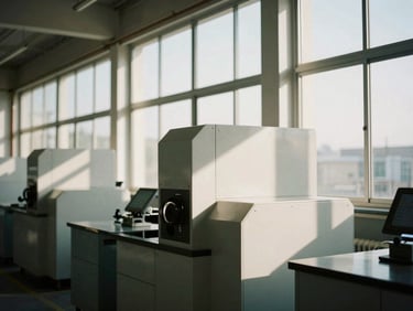 Architectural detail of a clean, modern manufacturing facility, natural window light casting dramatic shadows on industrial machinery, desaturated tones.