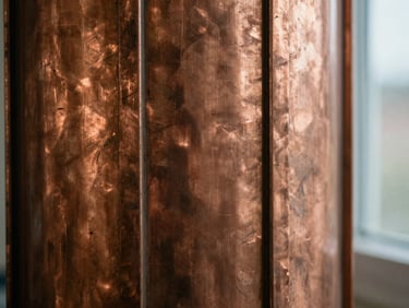 Close-up of raw copper and steel textures, shallow depth of field, warm editorial lighting