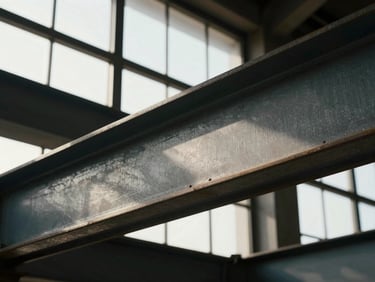 Close-up of industrial steel beams, architectural texture, natural window light, high contrast