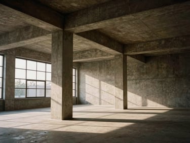 Architectural shot of a modern concrete distribution hub, dramatic shadows, warm daylight