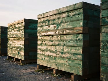 An outdoor shot of a sustainable timber yard at dawn, low sun casting long shadows, rich desaturated green and brown tones.