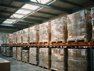 A wide-angle interior shot of a modern distribution warehouse, soft natural morning light filtering through skylights, medium format film style.