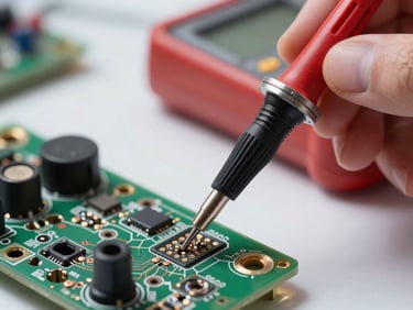 Macro close-up of a digital multimeter probe testing a circuit board, bright functional workspace lighting, sharp focus on the copper contacts