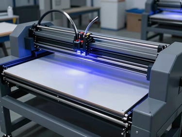 A large-format flatbed UV printer operating in a modern signage workshop, vibrant ink droplets curing under UV light, steel-grey machine housing, industrial framing