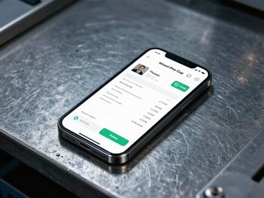A clean modern smartphone mockup displaying a WhatsApp chat with a professional PDF invoice attachment, resting on a steel workbench, cool industrial lighting