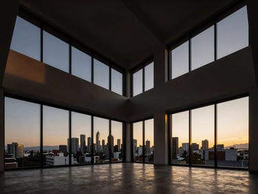 Dramatic wide-angle shot of a high-end residential interior, featuring clean lines, large windows, and a minimalist aesthetic with a view of Monterrey's skyline at golden hour.