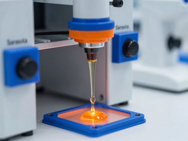 Close-up of raw resin viscosity testing in a highly organized Sarasota laboratory, crisp blue and safety-orange laser indicators, sharp focus on liquid polymer