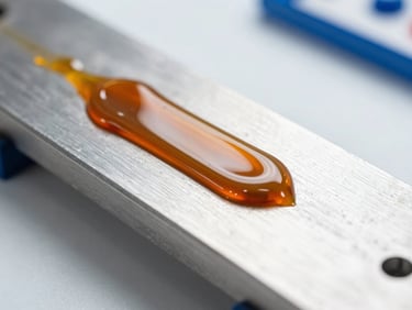 Close-up of a cured protective coating resin on a steel substrate, displaying high gloss and extreme surface tension