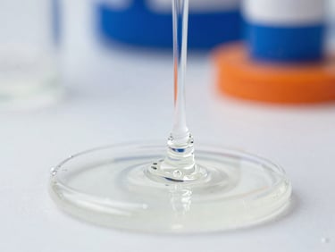 Macro shot of clear liquid casting resin being poured, showing precise viscosity and no air bubbles, bright laboratory lighting