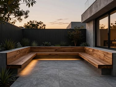 Hyper-realistic architectural 3D render of a modern minimalist backyard transformation, sleek concrete patio, built-in cedar benches, dramatic twilight lighting, 35mm
