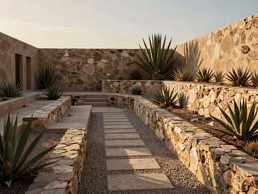 Hyper-realistic architectural 3D render of a desert sanctuary backyard transformation, multi-tiered stone retaining walls, gravel pathways, architectural agaves, golden-hour light, 35mm