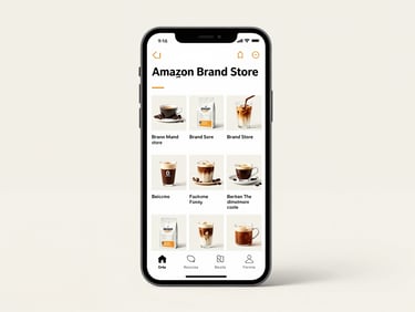 Mockup of an Amazon Brand Store on a smartphone screen, showcasing clean grid layouts and high-converting visual assets for a coffee brand