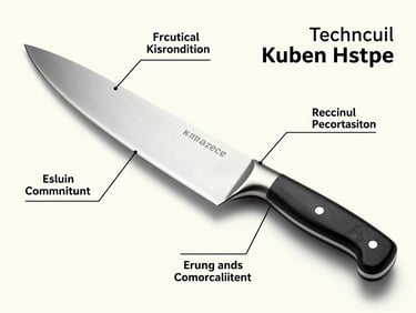 Amazon infographic slide for a professional kitchen knife, highlighting technical features and ergonomic design with precise callouts