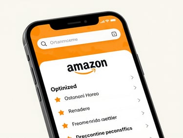 Crisp digital product mockup showing an optimized Amazon listing on a mobile screen, vibrant orange highlights, clean studio lighting, off-white background, high-contrast professional editorial style