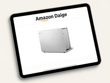 Crisp digital mockup of an optimized Amazon product listing on a tablet screen, bright studio lighting, clean off-white background, professional editorial style
