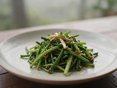 Elegantly plated local Thai dish at a fine dining restaurant in Khao Yai, soft diffused light, close-up, shallow depth of field, warm editorial photography, forest green and stone grey tones, 35mm