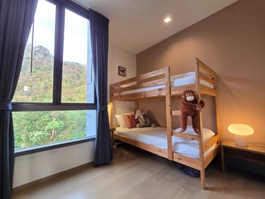 Modern wooden bunk bed in a bedroom with a scenic mountain view window and stuffed animals.