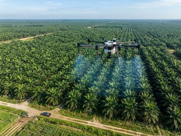 Wide aerial drone-perspective shot of an industrial agricultural drone hovering over a vast green palm oil plantation under crisp morning daylight, high-detail agricultural tech.