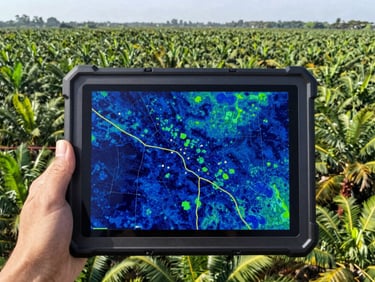 A high-contrast multispectral NDVI map displayed on an industrial rugged tablet screen held in front of a vast palm oil plantation