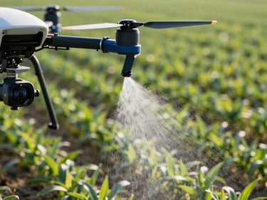 Close-up of an industrial agricultural drone nozzle spraying fine mist over green crops, crisp morning daylight, technical focus