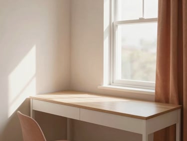 Bright single room with a modern study desk, soft natural window light, warm terracotta accents, editorial style
