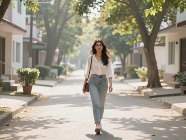 Warm editorial shot of a young woman walking down a bright, clean, tree-lined residential lane in Rajouri Garden, dappled sunlight filtering through leaves, 35mm lens.